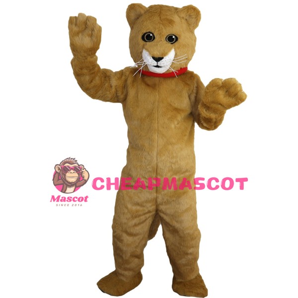 Happy Brown Tiger With Red Collar Mascot Costume