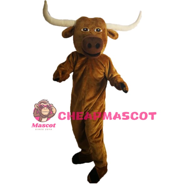 Hardworking Bull With Long Horns Mascot Costume