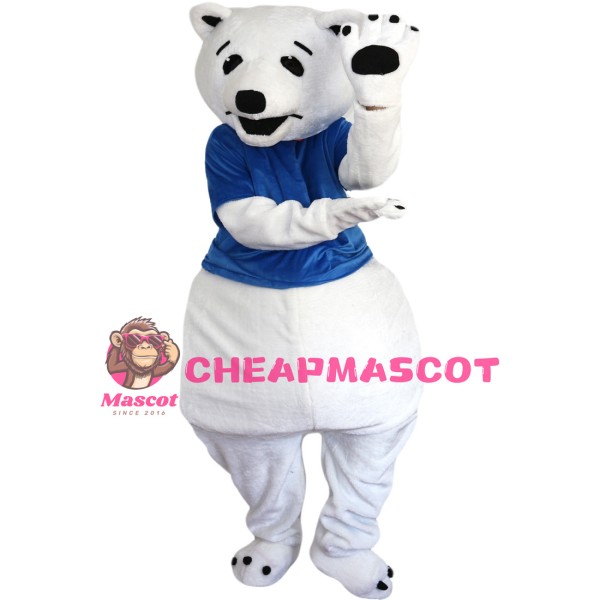 White Polar Bear With Blue Shirt Mascot Costume
