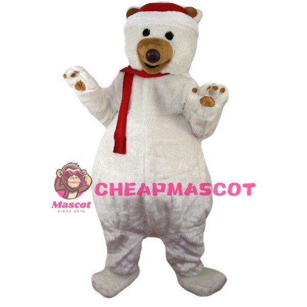 Mediocre White Bear With Red Scarf Mascot Costume