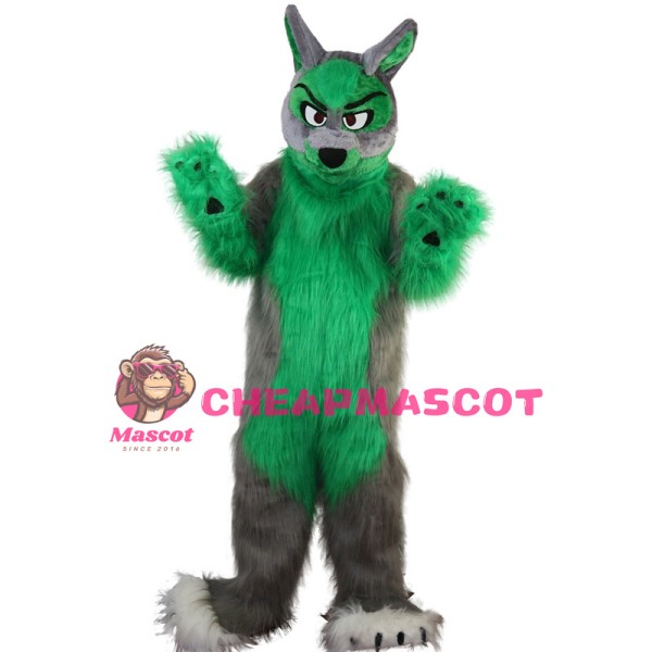 Ferocious Green & Grey Wolf Mascot Costume