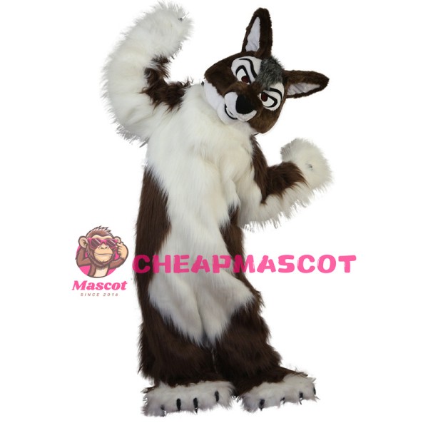 Soft Long Fur Brown & White Wolf Mascot Costume