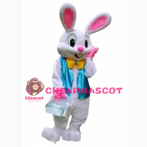 Coy White Rabbit With Blue Vest Mascot Costume