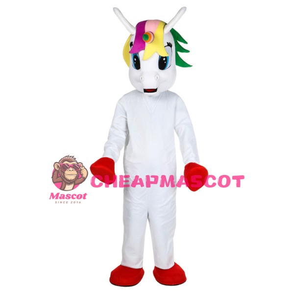 Red Hoofs Horse With Colorful Horn Mascot Costume