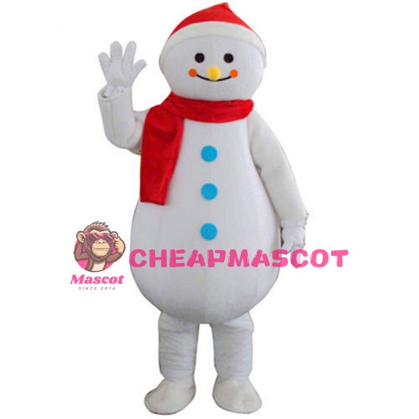 Beckoning Snowman With Red Scarf Mascot Costume