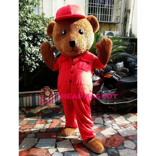 Brown Bear With Red Cap Mascot Costume