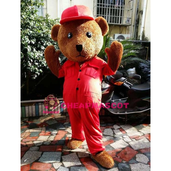 Brown Bear With Red Cap Mascot Costume