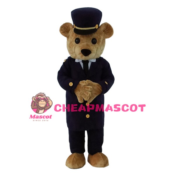 Brown Bear With Black Suit And Hat Mascot Costume