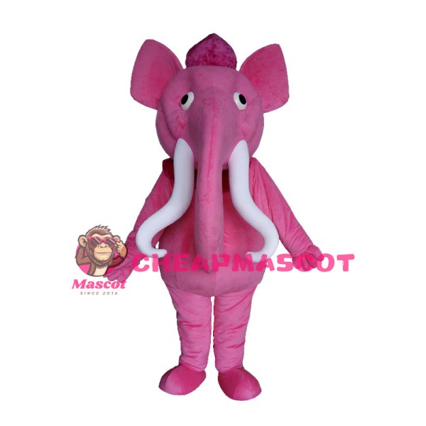 Pink Elephant With Long Curved Ivory Mascot Costume