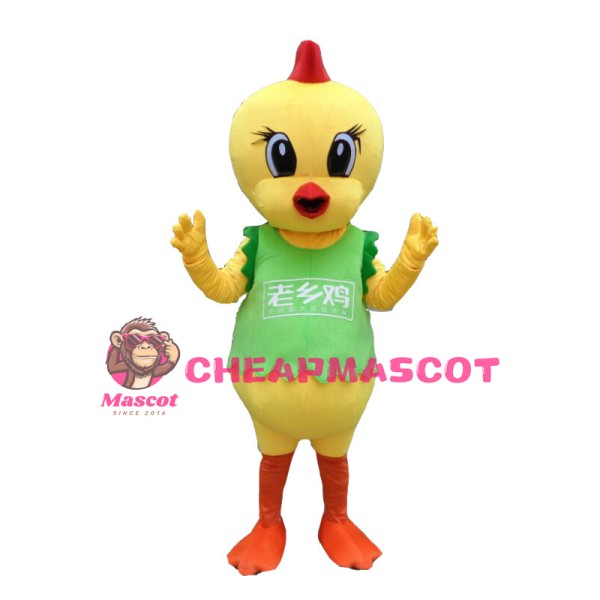 Little Yellow Chicken With Green Vest Mascot Costume