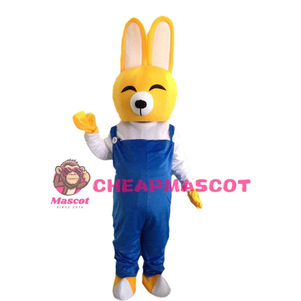 Yellow Rabbit In Blue Rompers Mascot Costume