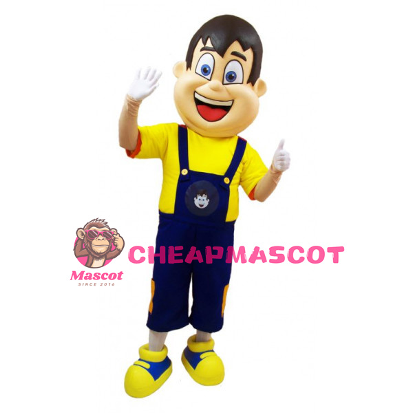 Young Man Mascot Costume Wearing Blue Overalls