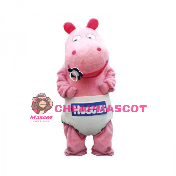 Cartoon Baby Pink Hippo Mascot Costume With Pacifier In Mouth