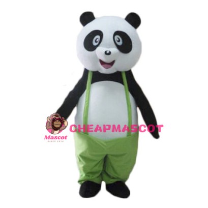 Adult Cartoon Panda Mascot Costume Wearing Green Overalls