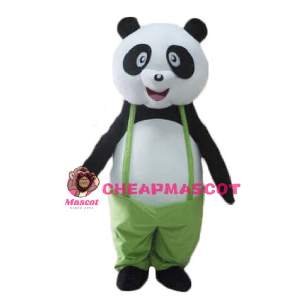 Adult Cartoon Panda Mascot Costume Wearing Green Overalls