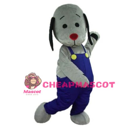 Cute Cartoon Grey Hound Dog Mascot Costume Wearing Blue Overalls