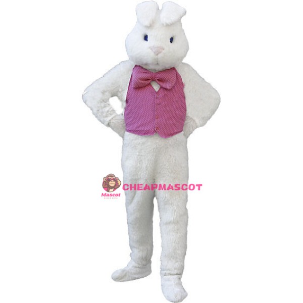 White Easter Bunny Plush Mascot Costume Wearing Red Vest	