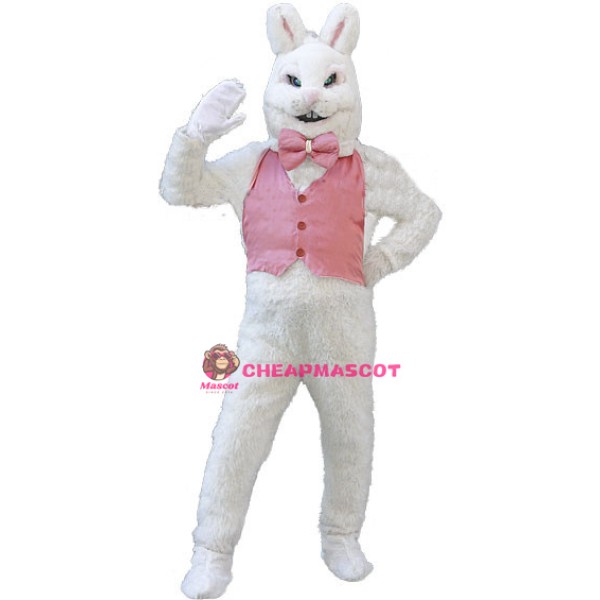 White Easter Bunny Plush Mascot Costume Wearing Pink Vest	
