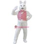 White Easter Bunny Plush Mascot Costume Wearing Pink Vest	