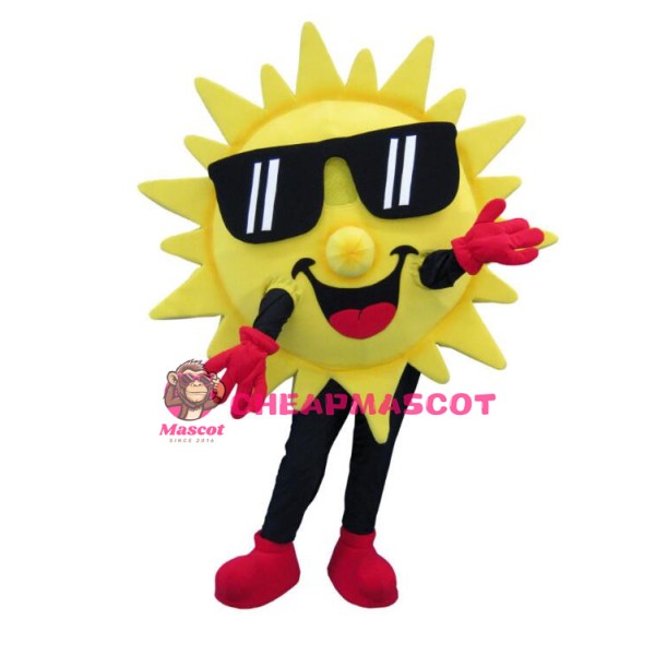 Smiling Cartoon Sun Mascot Costume With Sunglasses