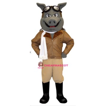 Gray Pig Aviator Mascot Adult Costume 