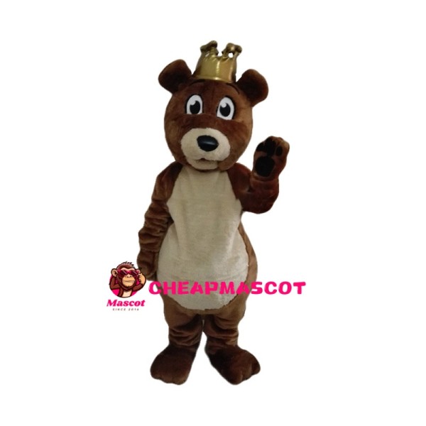 Brown Bear With Golden Crown Mascot Costume