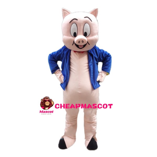 Pink Little Pig In Blue Coat Mascot Costume