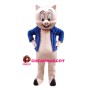 Pink Little Pig In Blue Coat Mascot Costume