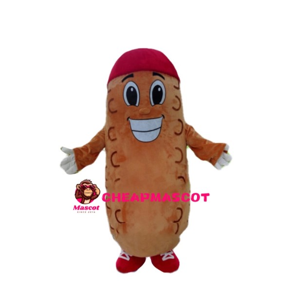 Cartoon Ham Sausage With Red Hat Mascot Costume