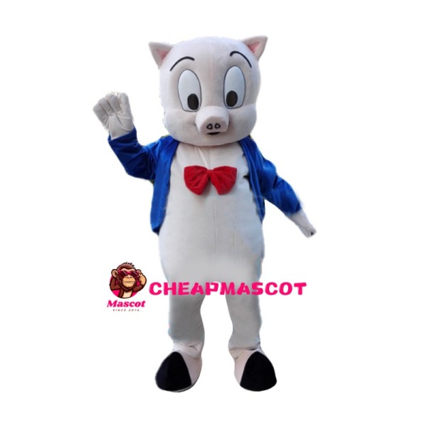 Gentle Little Pig Wearing Red Tie Mascot Costume
