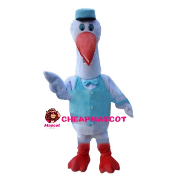 Waiter Goose With Blue Vest Mascot Costume