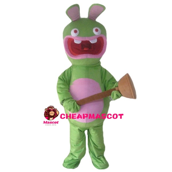 Green Crazy Rabbit Holding Toilet Plug Mascot Costume