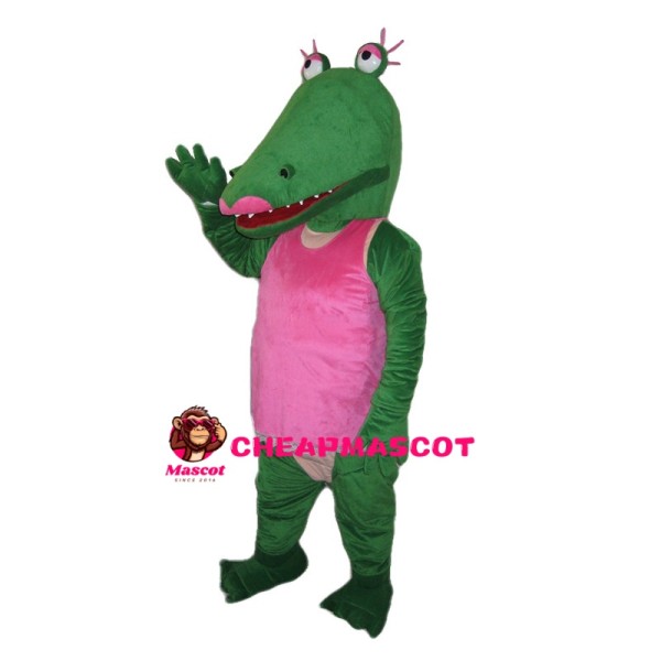 Green Crocodile With Pink Vest Mascot Costume