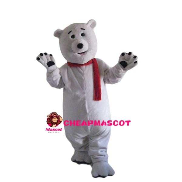 Kind Polar Bear With Red Scarf Mascot Costume