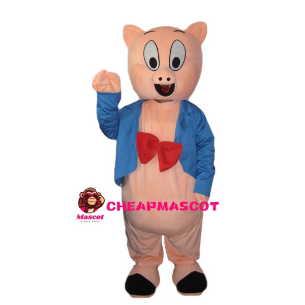 Pink Pig Wearing Blue Suit Mascot Costume
