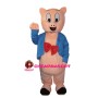 Pink Pig Wearing Blue Suit Mascot Costume