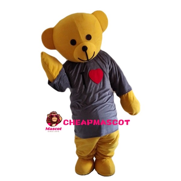 Yellow Bear In Grey Shirt Mascot Costume
