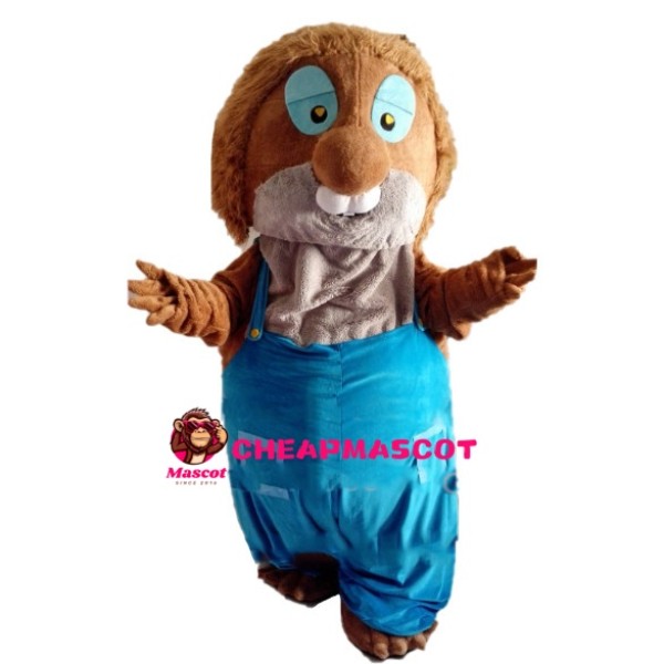 Fat Chipmunk With Blue Overalls Mascot Costume