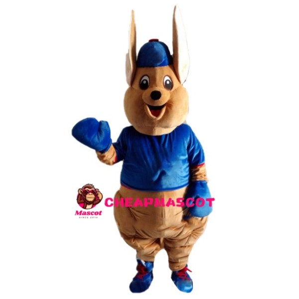 Big Ears Kangaroo With Blue Clothes Mascot Costume