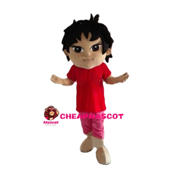 Black Hair Boy With Red Top Mascot Costume