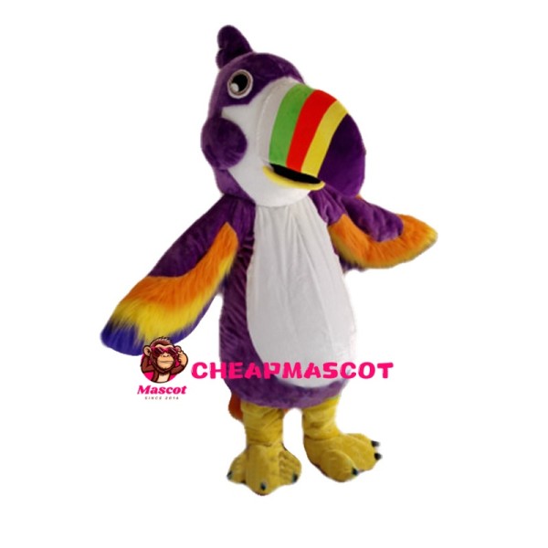 Purple Parrot With Multicolored Beak Mascot Costume