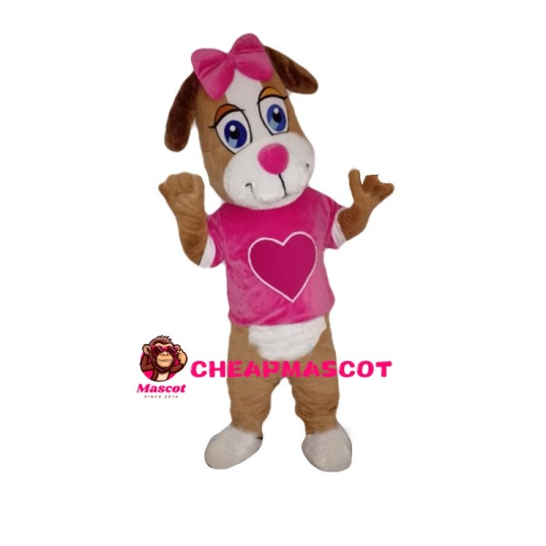Delighted Dog With Pink Heart Mascot Costume