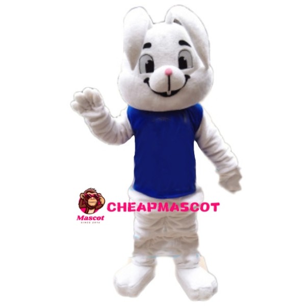 Smiling Lop-eared Rabbit With Blue Vest Mascot Costume