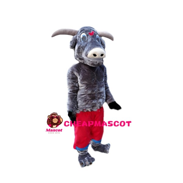 Grey Bull In Red Shorts Mascot Costume