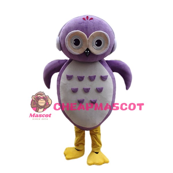 Purple Owl Mascot Costume With Headphones