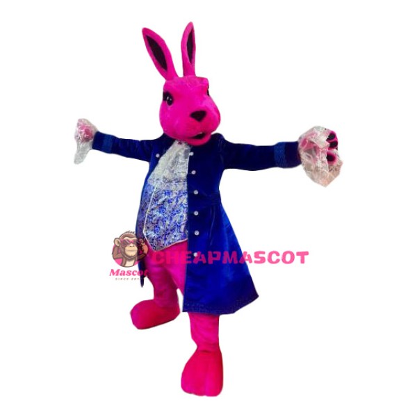 Pink Rabbit Mascot Costume With Blue Suit
