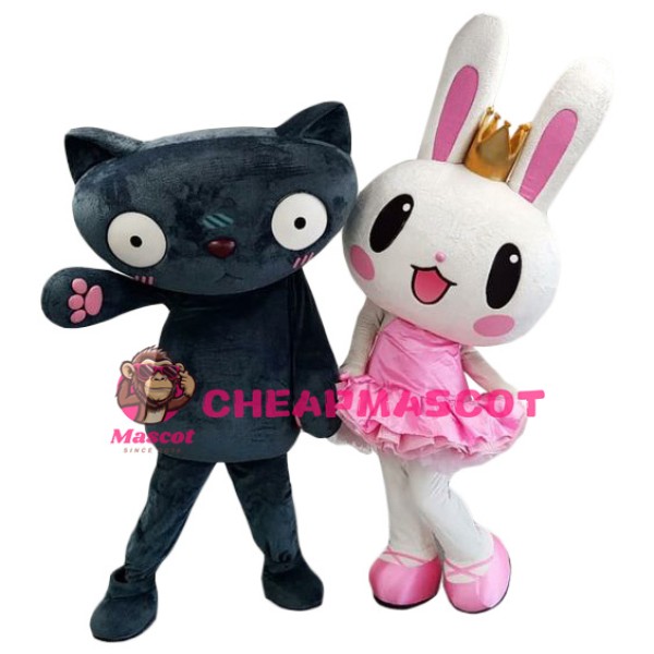Cute Black Cat & White Pink Rabbit Mascot Costume