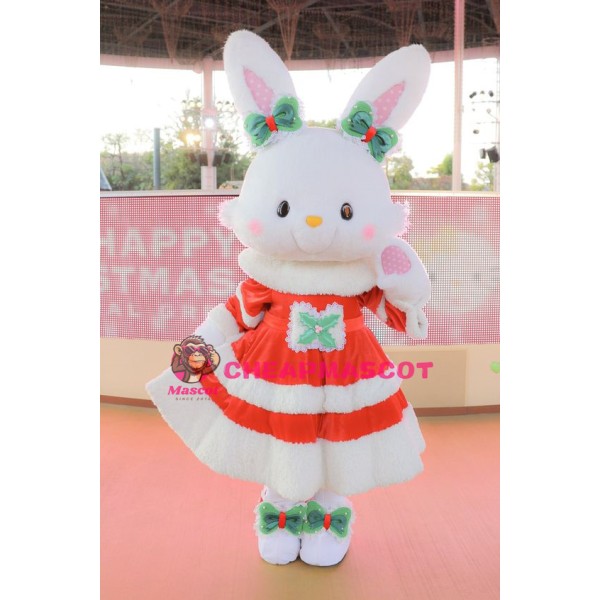 White & Pink Rabbit Bunny Mascot Costume With Red Dress
