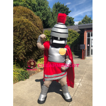 Silver & Red Spartan Trojan Knight Mascot Costume