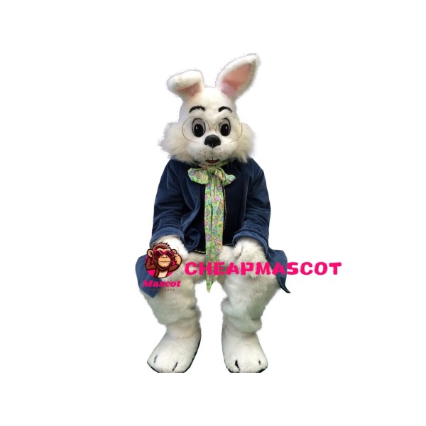 Blue Suit White Bunny Mascot Costume